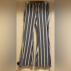 Free People Jolene Striped Hip Hugger Flare Pants in White Indigo